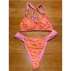 Zebra Print Triangle Bikini Set - Pink & Orange - Womens Swimwear